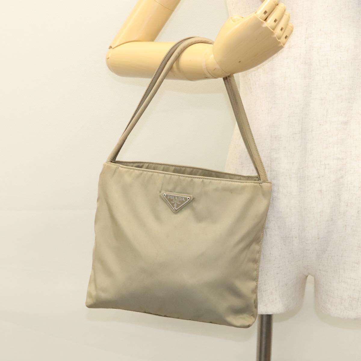 PRADA Tote Bag Nylon Khaki Silver Auth 118457