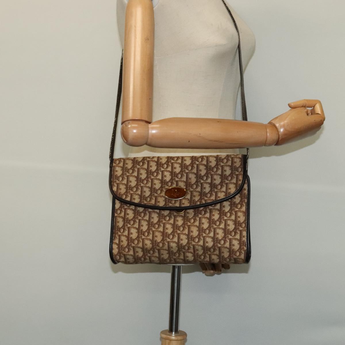 Christian Dior Trotter Canvas Shoulder Bag Brown Gold Auth 118537