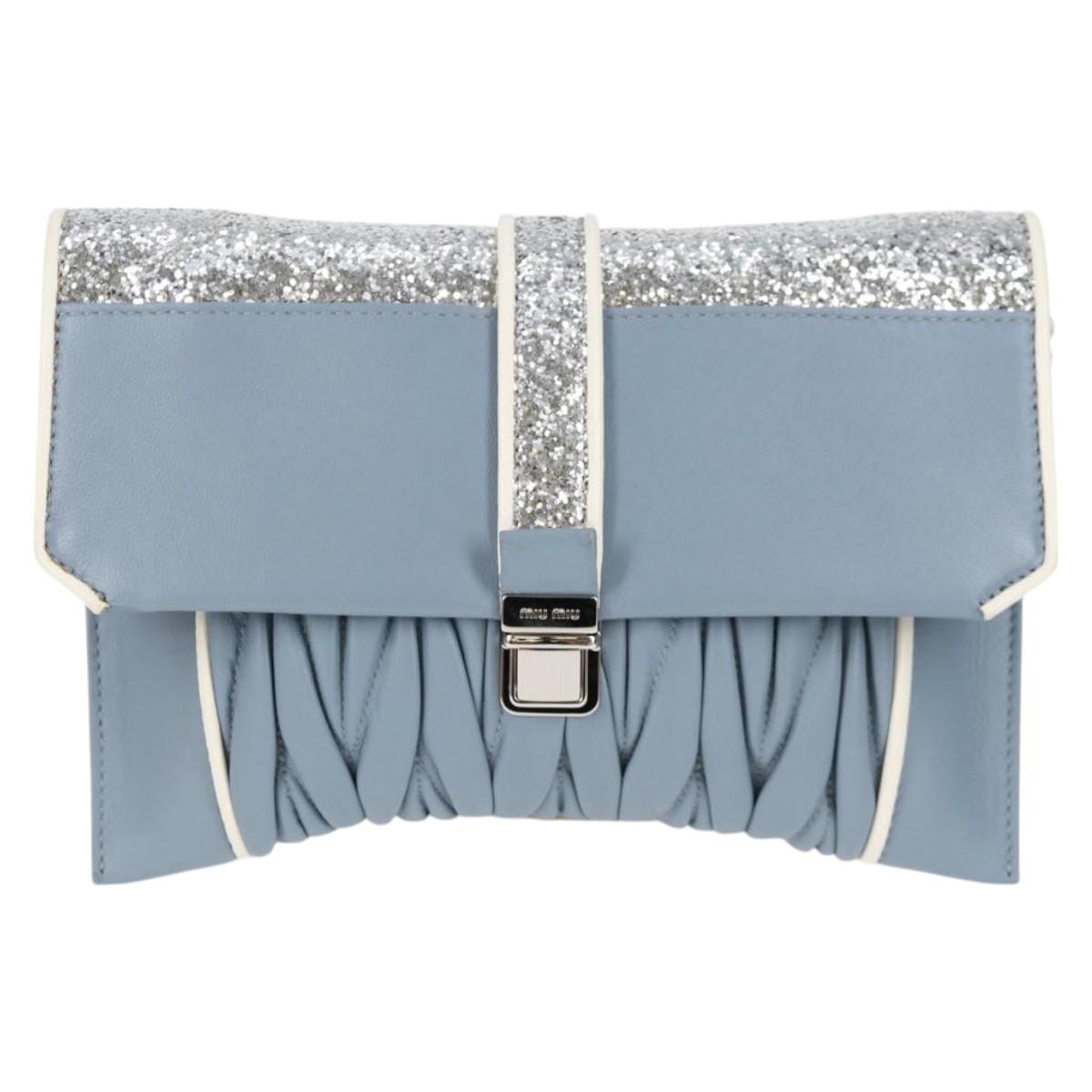 Miu Miu Matelasse Chain Shoulder Bag Leather Light Blue Silver Auth 118556M