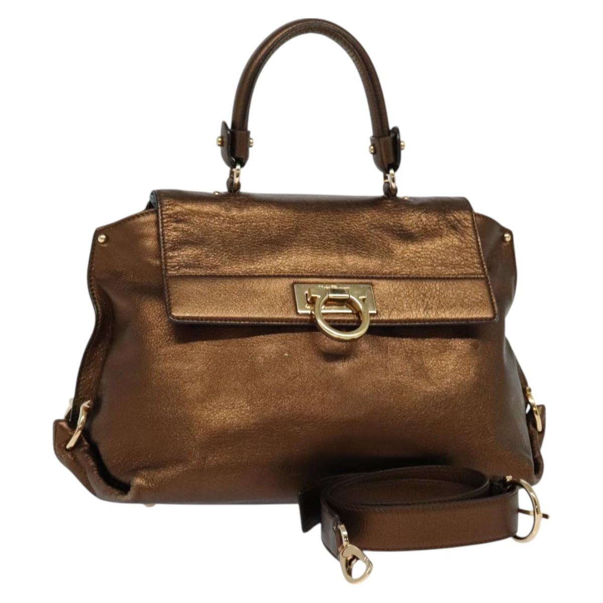 Salvatore Ferragamo Gancini Sofia Hand Bag Leather 2way Brown Gold Auth 118607