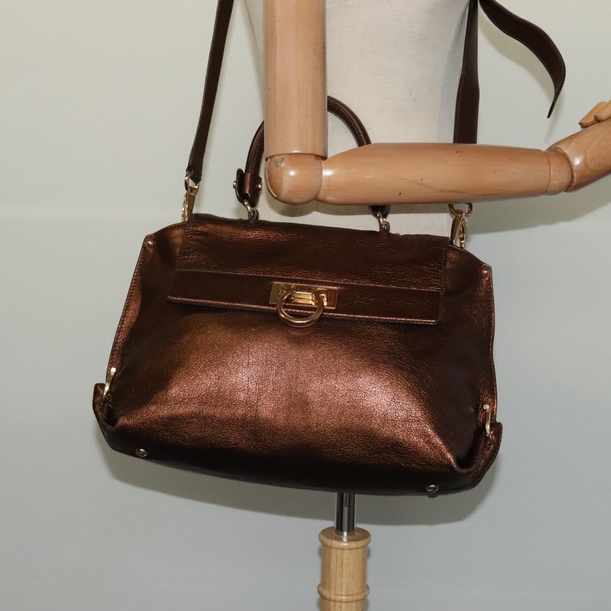 Salvatore Ferragamo Gancini Sofia Hand Bag Leather 2way Brown Gold Auth 118607