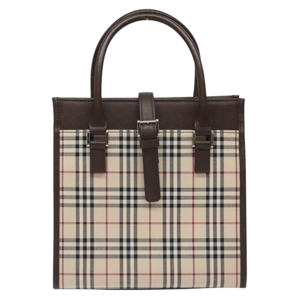 BURBERRY Nova Check Hand Bag Canvas Beige Silver Auth 118612