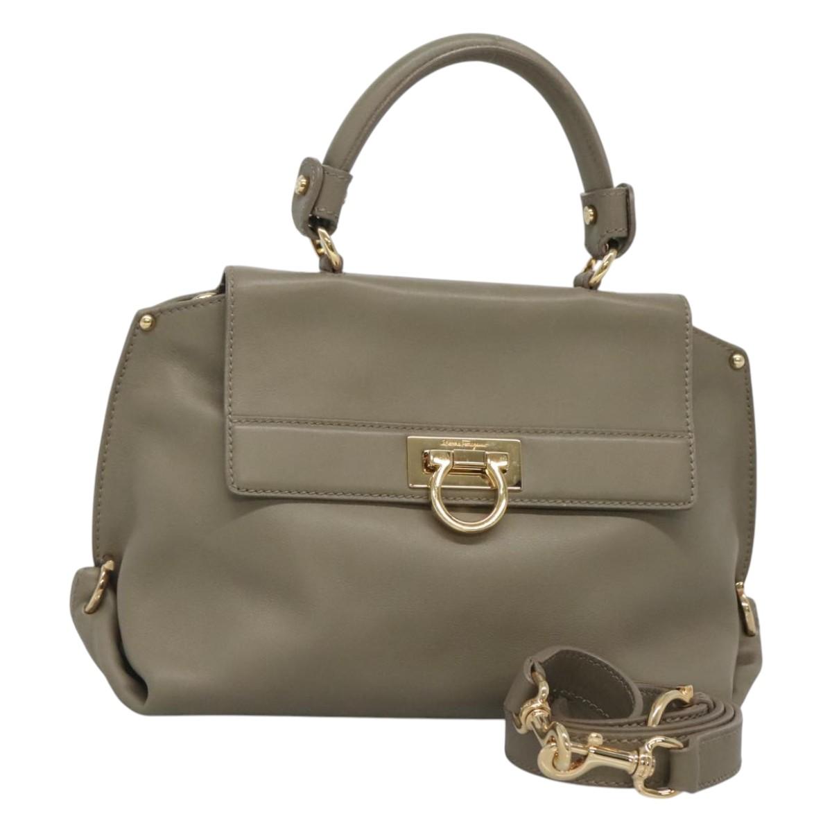 Salvatore Ferragamo Gancini Sofia Hand Bag Leather 2way Gray Gold Auth 118615