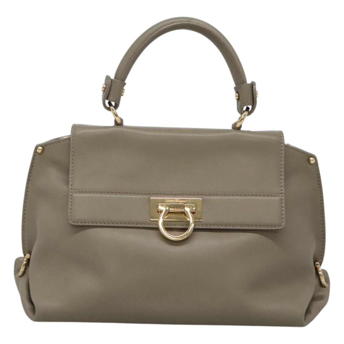 Salvatore Ferragamo Gancini Sofia Hand Bag Leather 2way Gray Gold Auth 118615