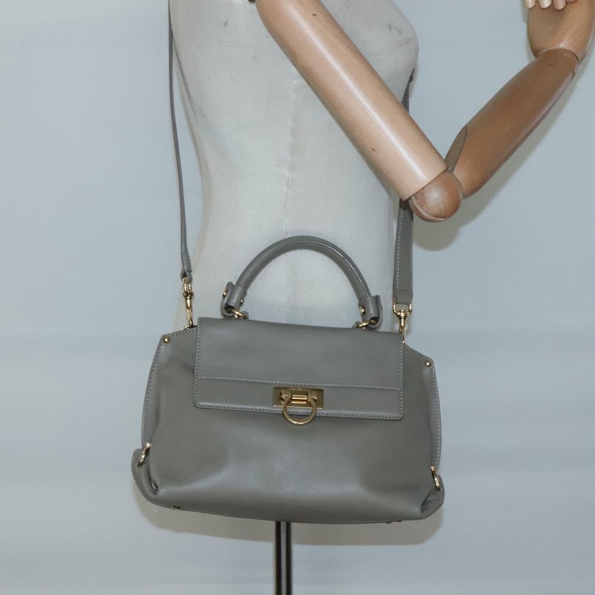 Salvatore Ferragamo Gancini Sofia Hand Bag Leather 2way Gray Gold Auth 118615