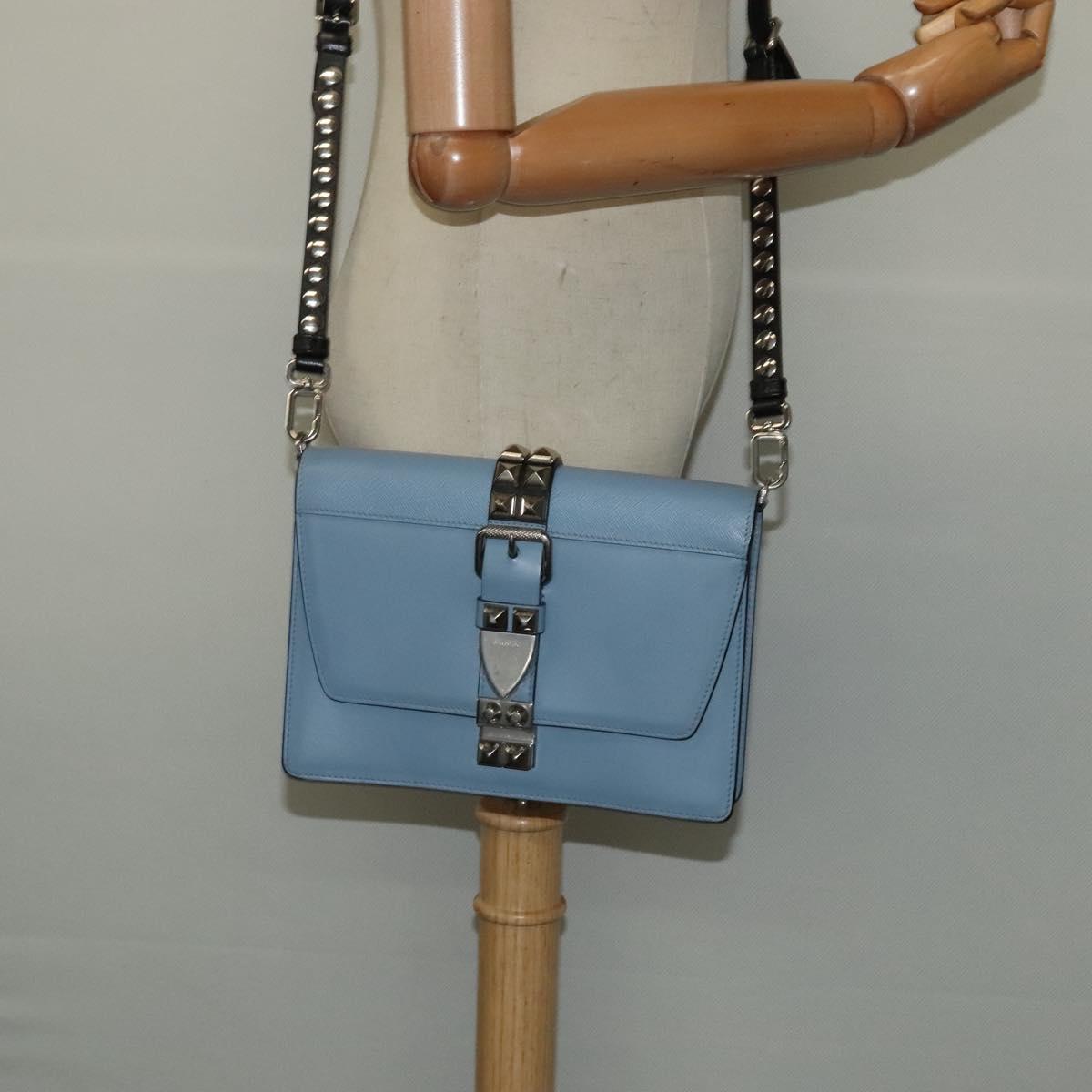 PRADA Shoulder Bag Leather Light Blue Silver Auth 118618