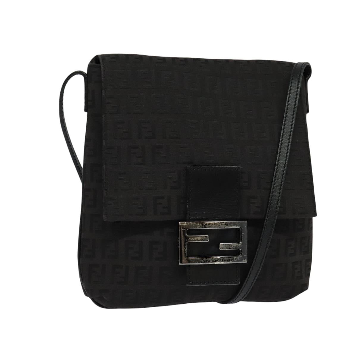 FENDI Zucchino Canvas Shoulder Bag Black Silver Auth 118655