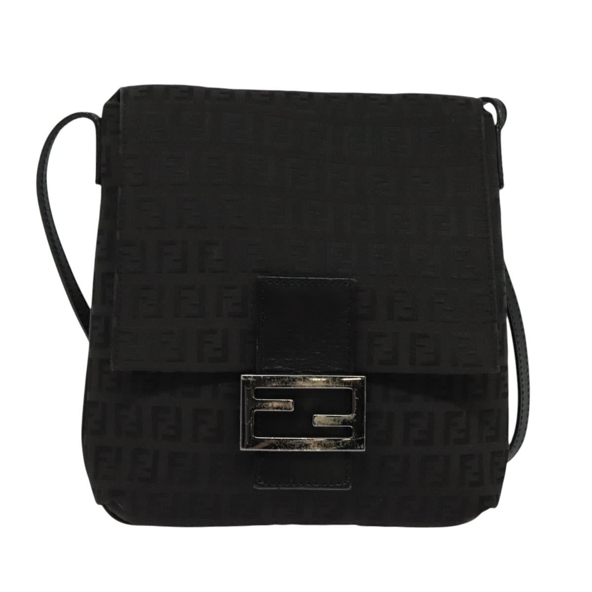 FENDI Zucchino Canvas Shoulder Bag Black Silver Auth 118655