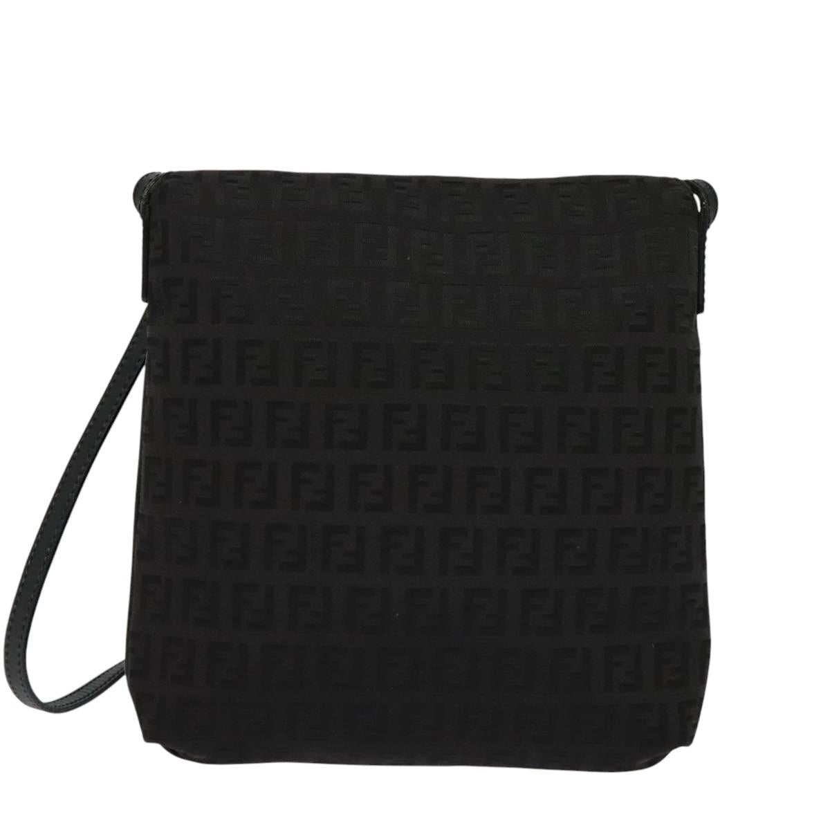 FENDI Zucchino Canvas Shoulder Bag Black Silver Auth 118655