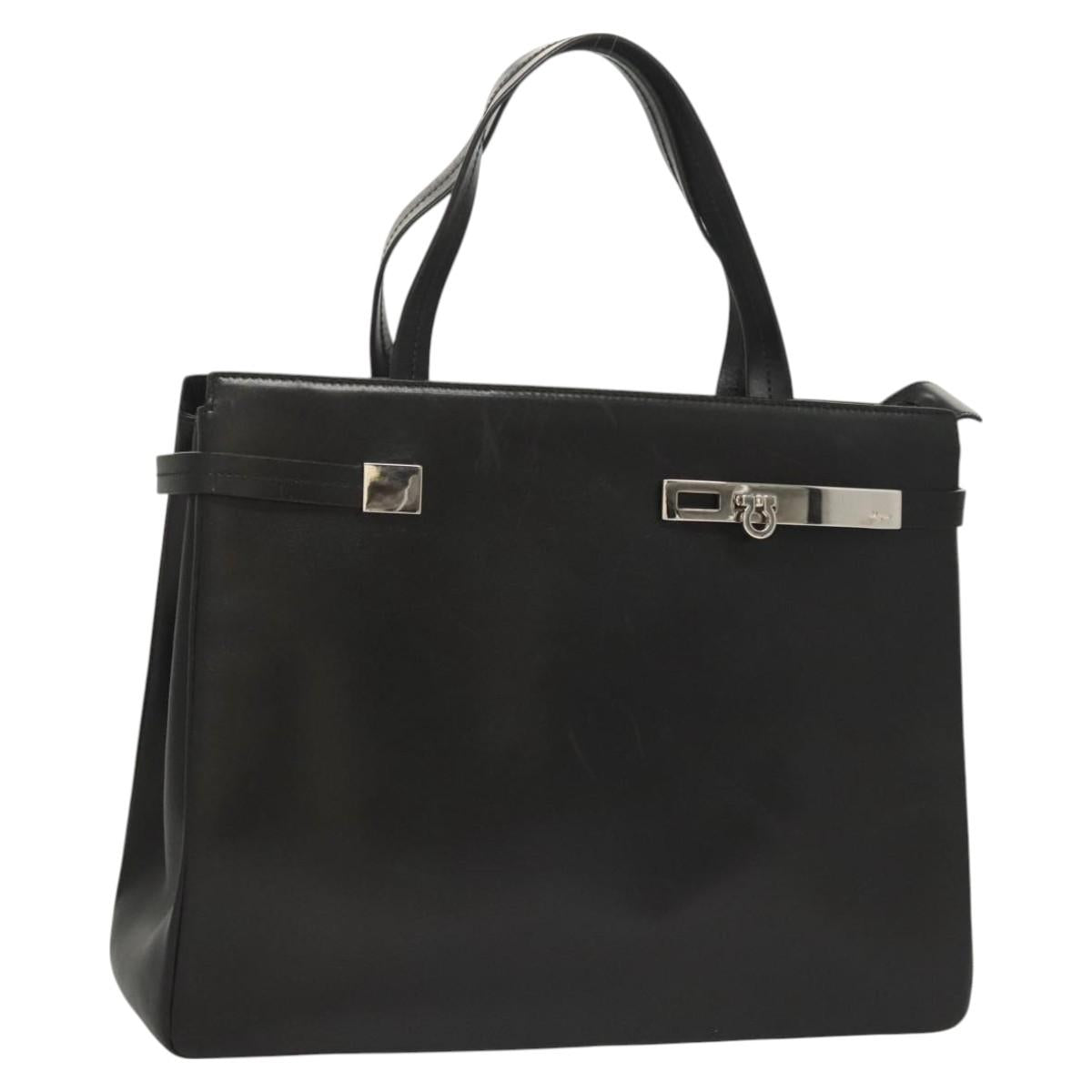 Salvatore Ferragamo Gancini Hand Bag Leather Silver Black Auth 118656