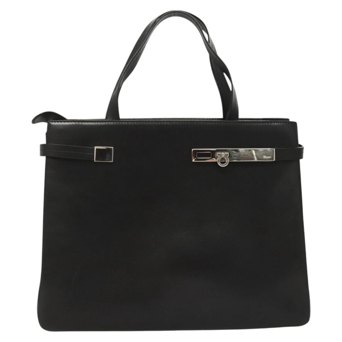 Salvatore Ferragamo Gancini Hand Bag Leather Silver Black Auth 118656