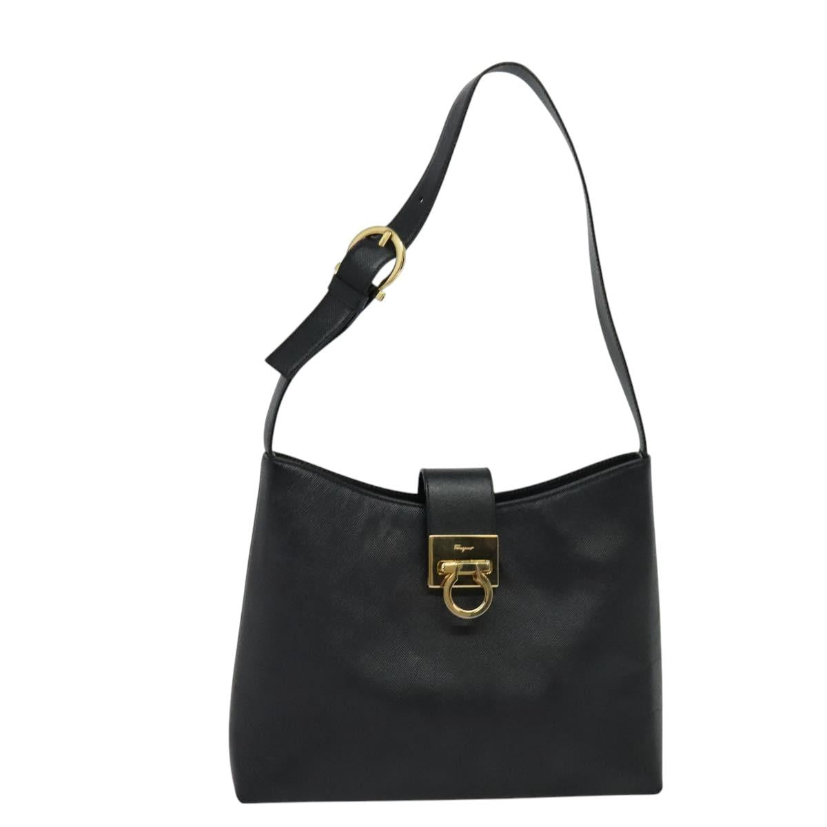 Salvatore Ferragamo Gancini Shoulder Bag Leather Black Gold Auth 118667