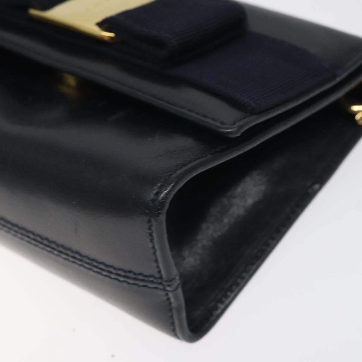 Salvatore Ferragamo Gancini Chain Shoulder Bag Leather Black Gold Auth 118668