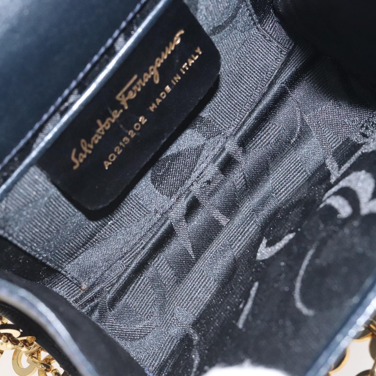Salvatore Ferragamo Gancini Chain Shoulder Bag Leather Black Gold Auth 118668