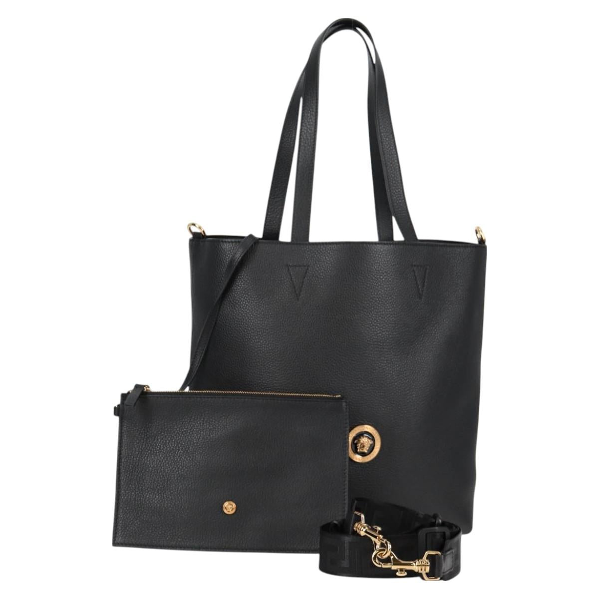 VERSACE Tote Bag Leather 2way Black Gold Auth 118688V