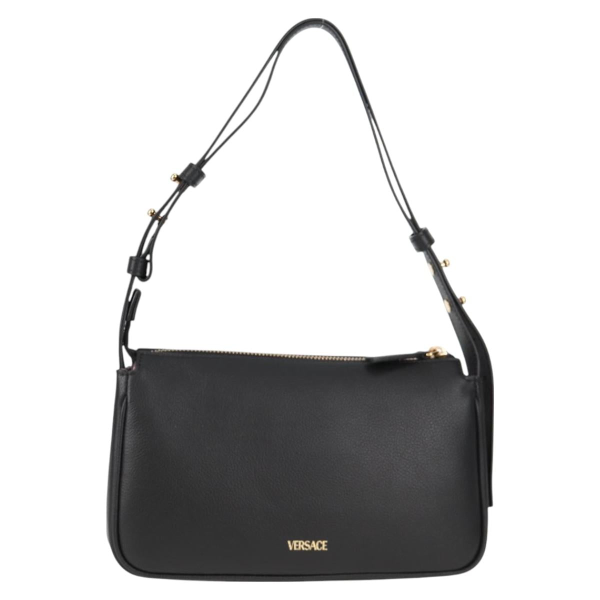 VERSACE Hand Bag Leather Black Gold Auth 118692A