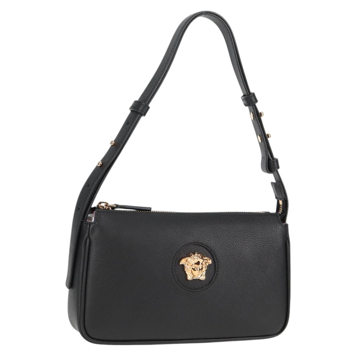 VERSACE Hand Bag Leather Black Gold Auth 118695A