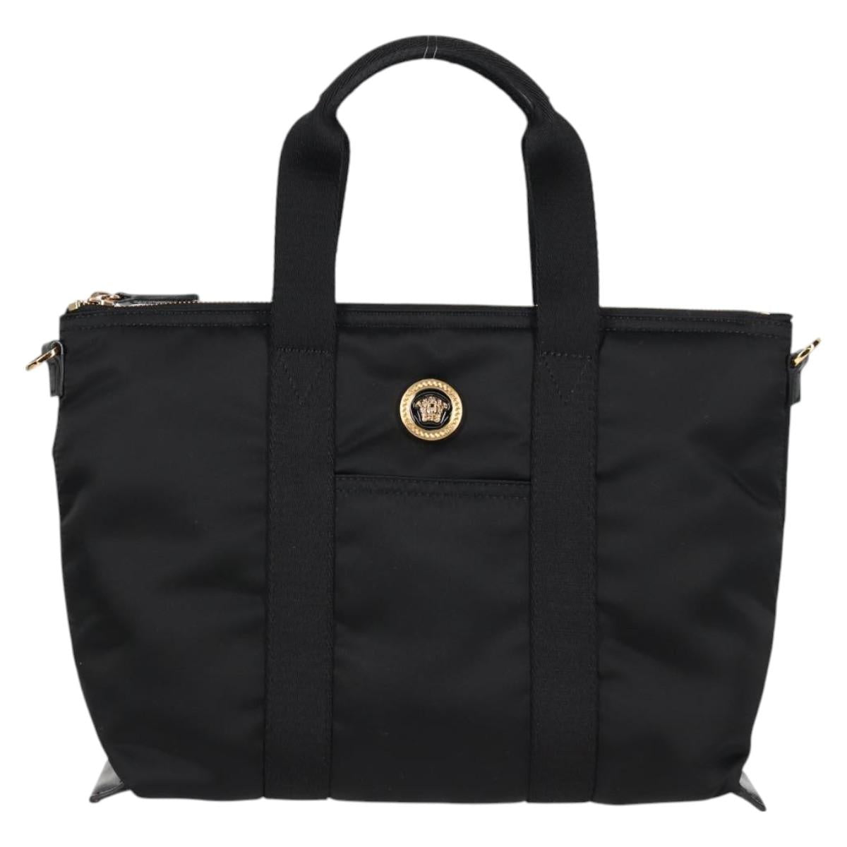 VERSACE Hand Bag Nylon 2way Black Gold Auth 118725V