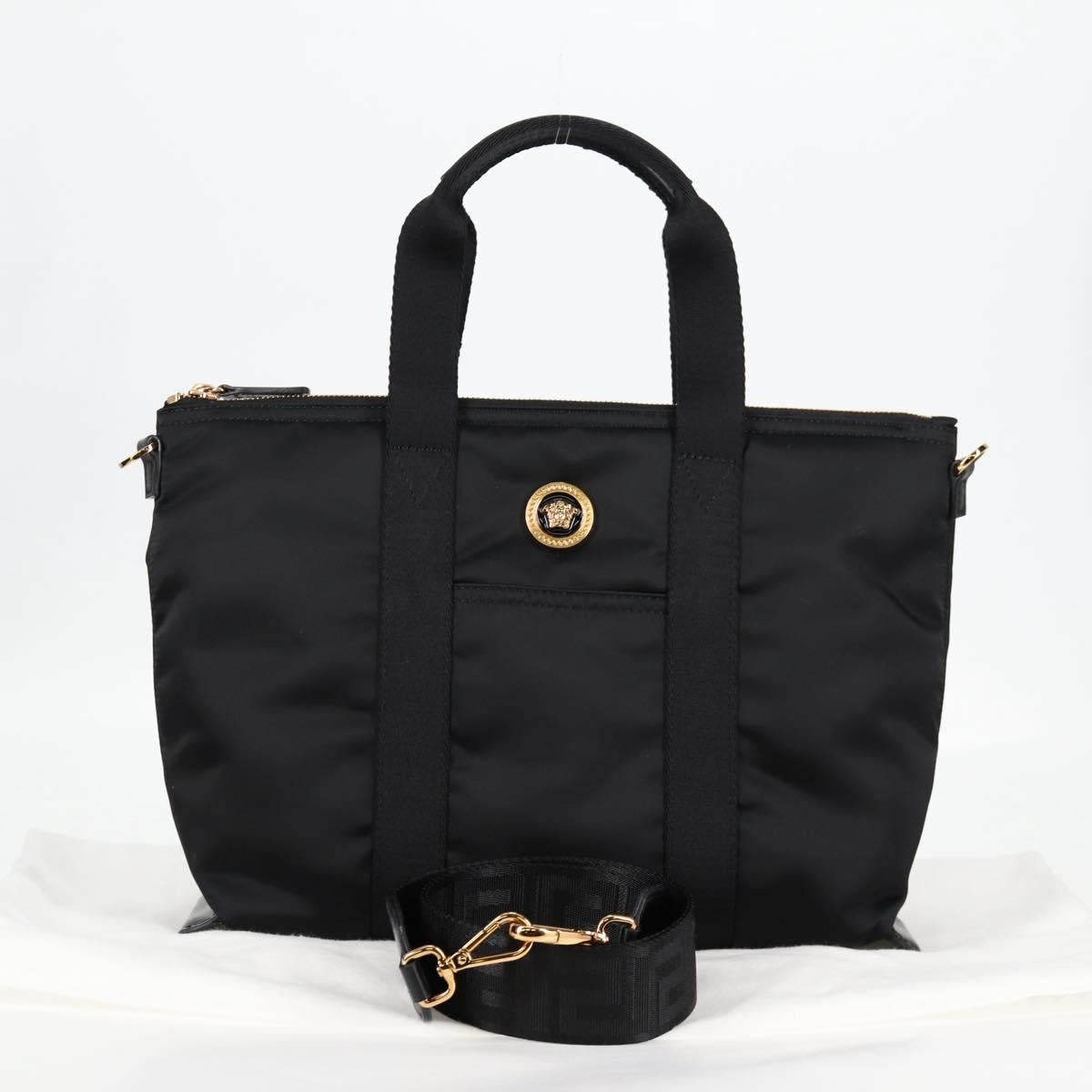 VERSACE Hand Bag Nylon 2way Black Gold Auth 118725V