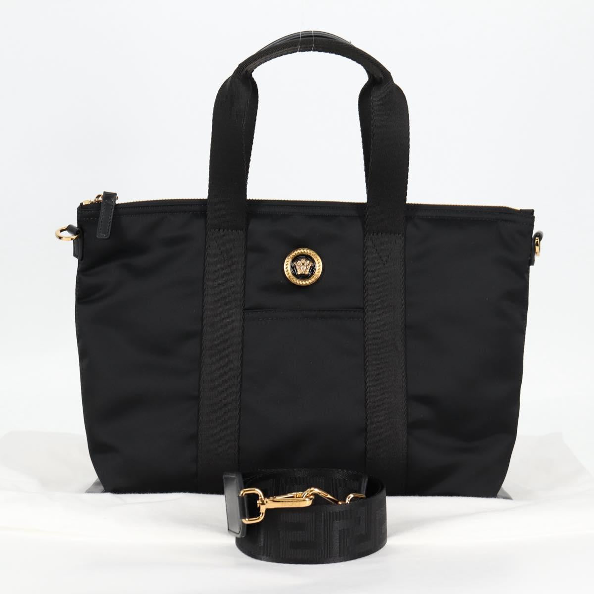VERSACE Hand Bag Nylon 2way Black Gold Auth 118726V