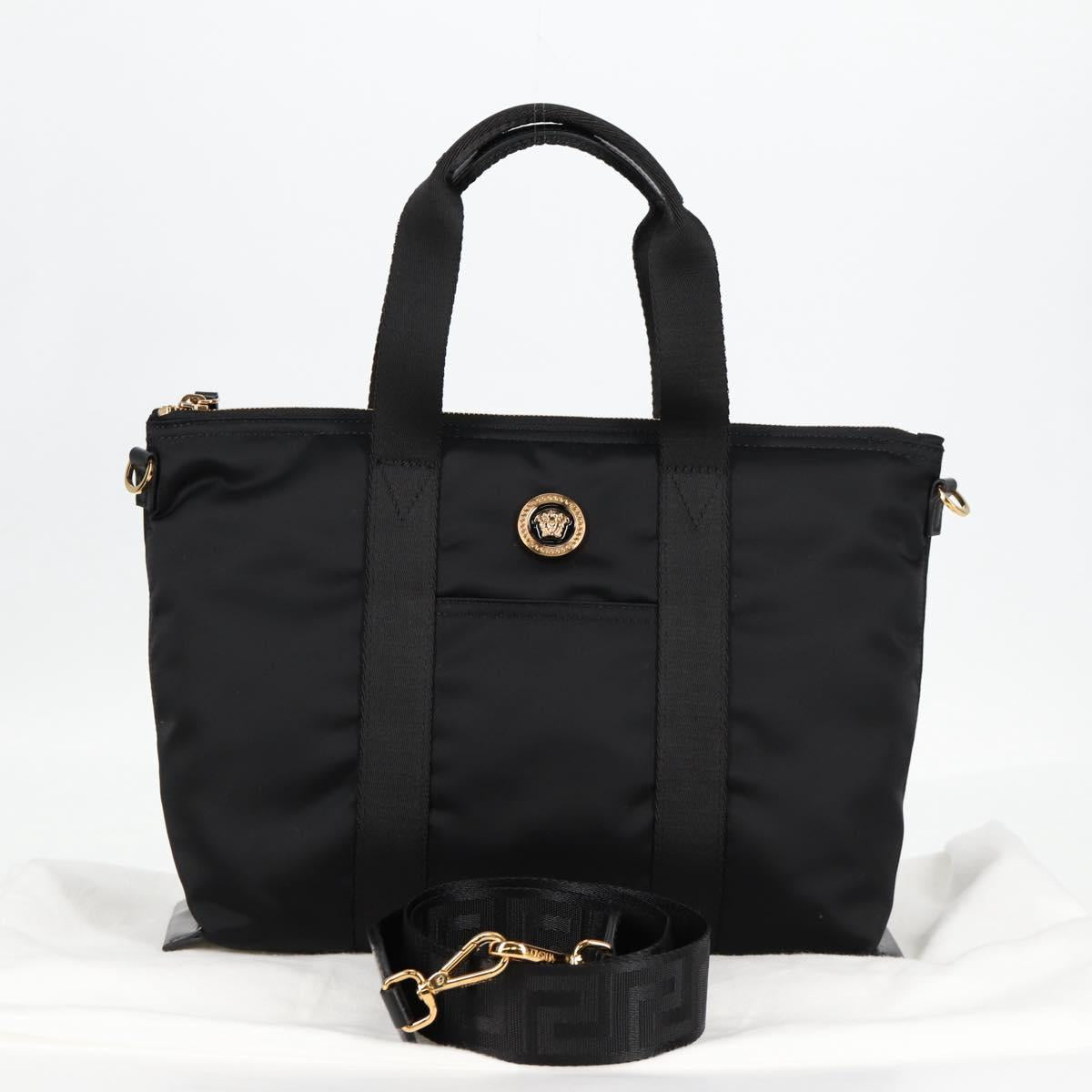VERSACE Hand Bag Nylon 2way Black Gold Auth 118727V
