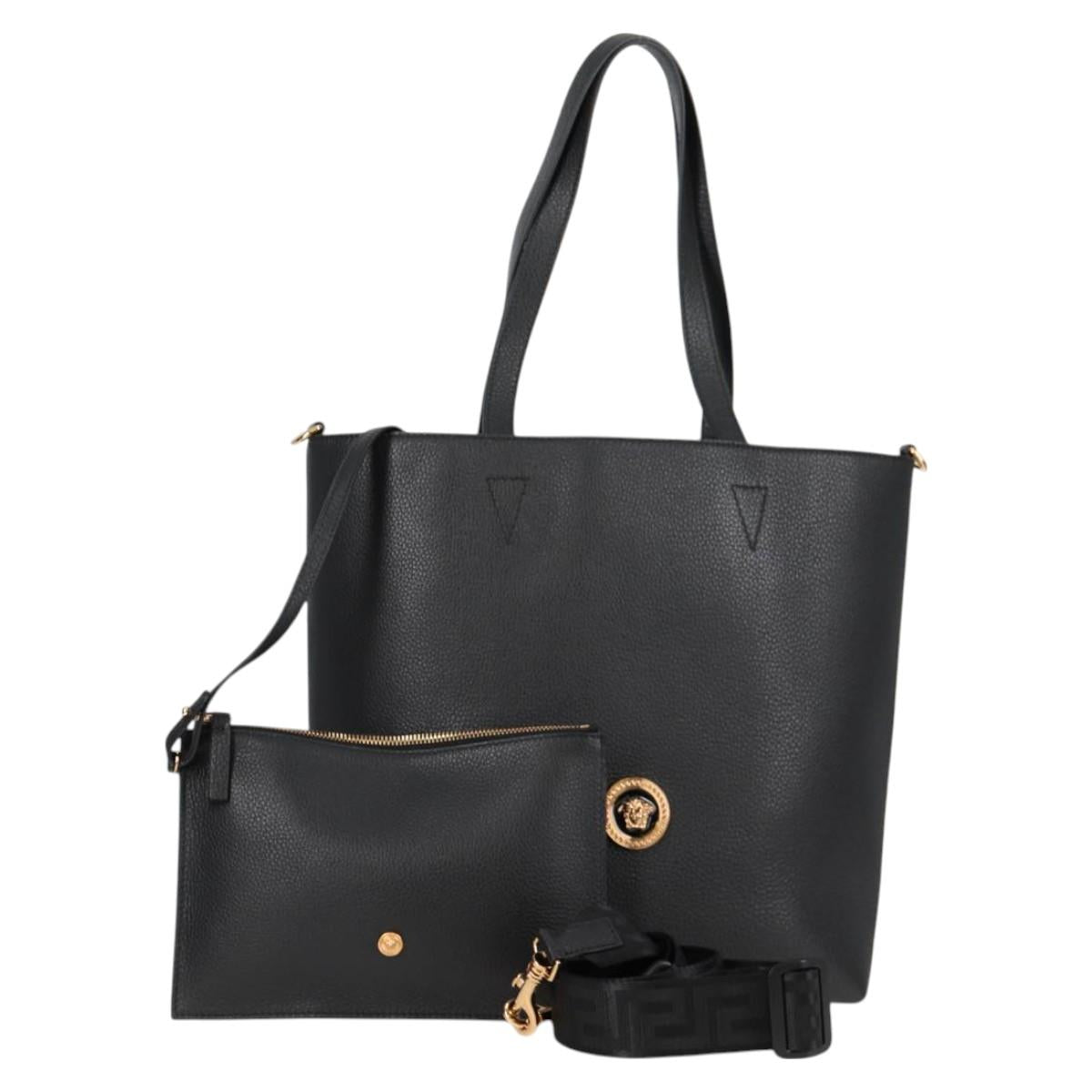 VERSACE Tote Bag Leather 2way Black Gold Auth 118750V