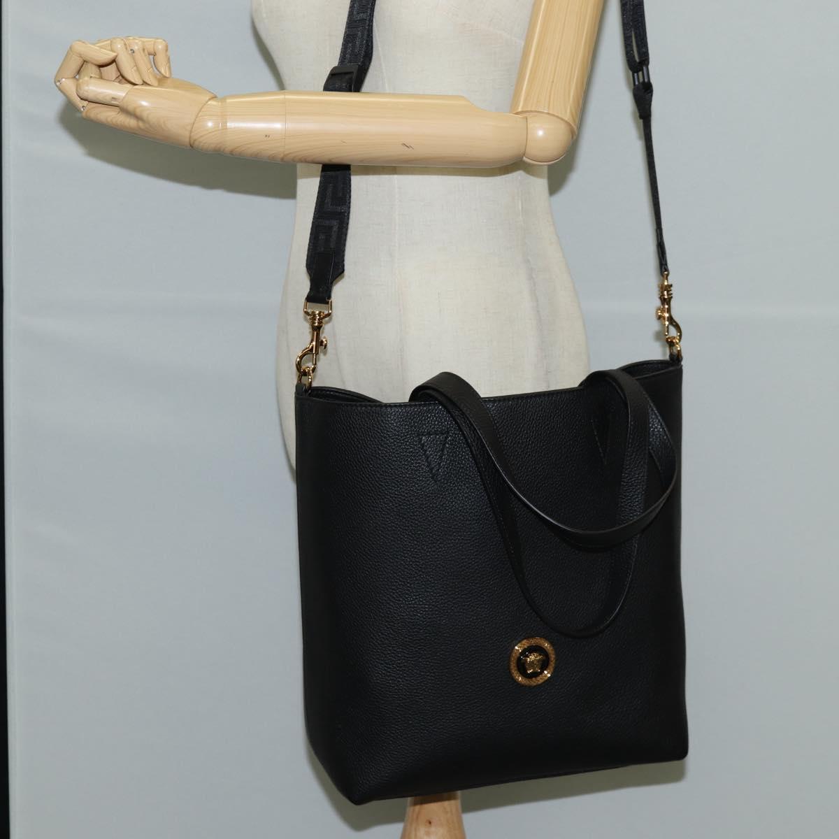 VERSACE Tote Bag Leather 2way Black Gold Auth 118750V