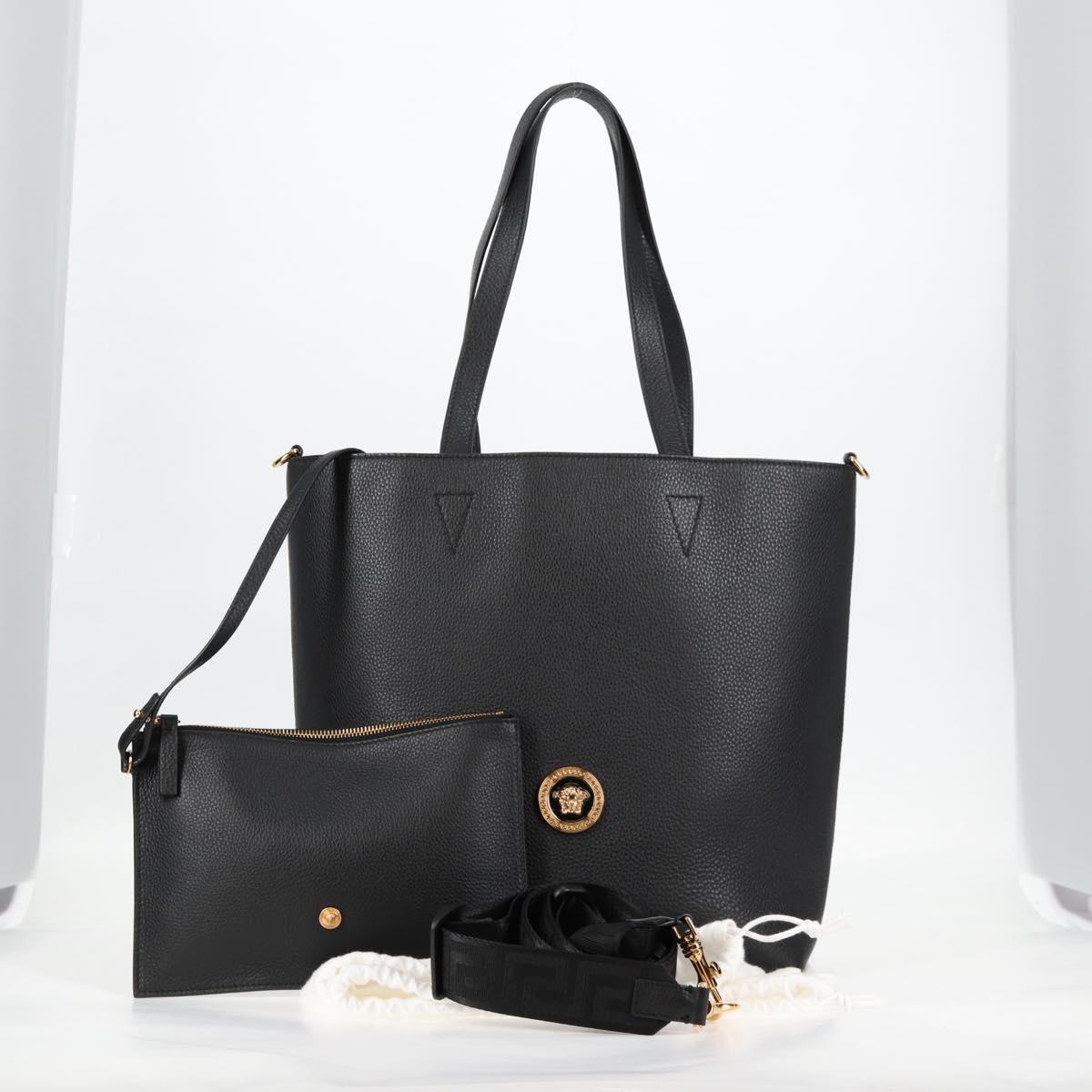 VERSACE Tote Bag Leather 2way Black Gold Auth 118750V