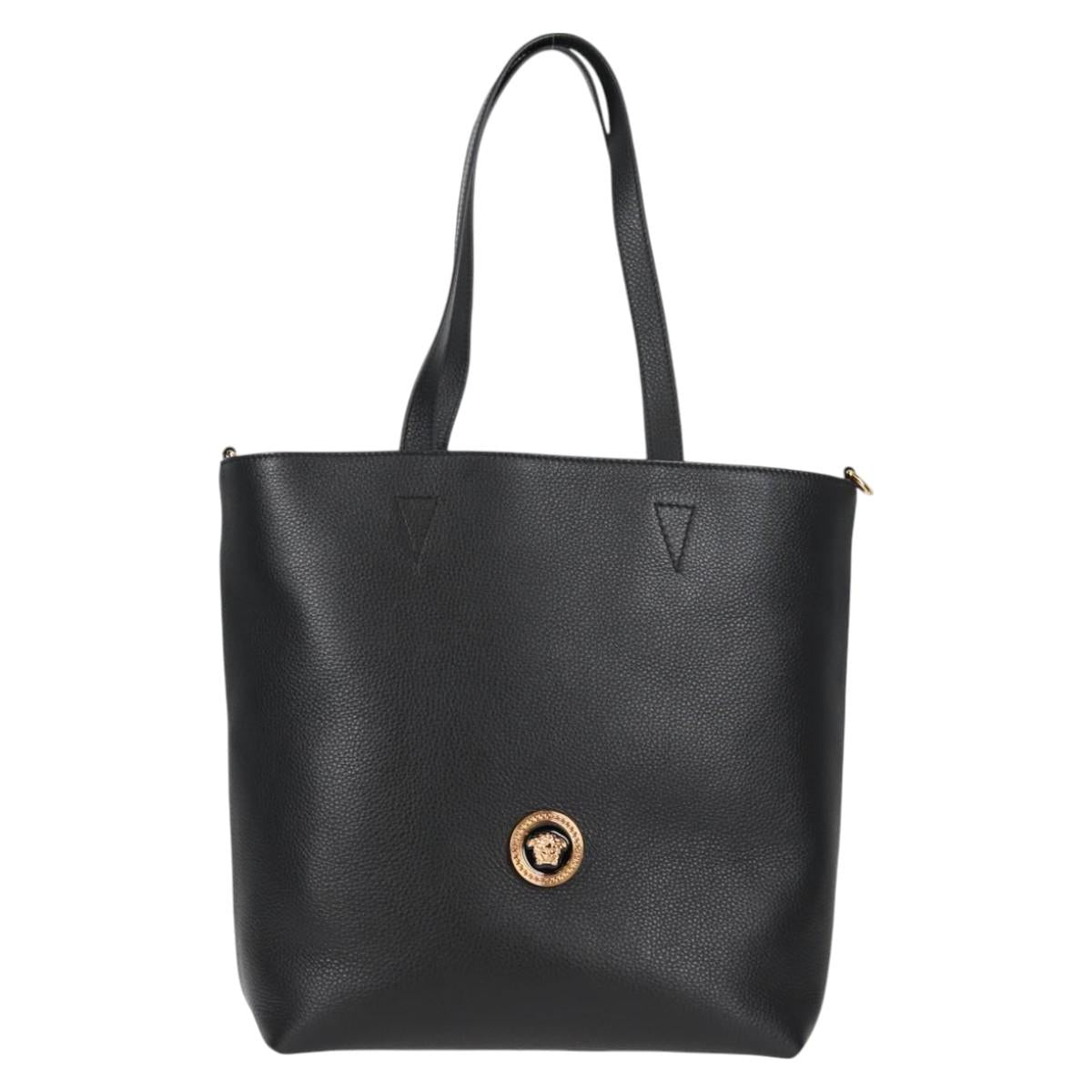 VERSACE Tote Bag Leather 2way Black Gold Auth 118750V