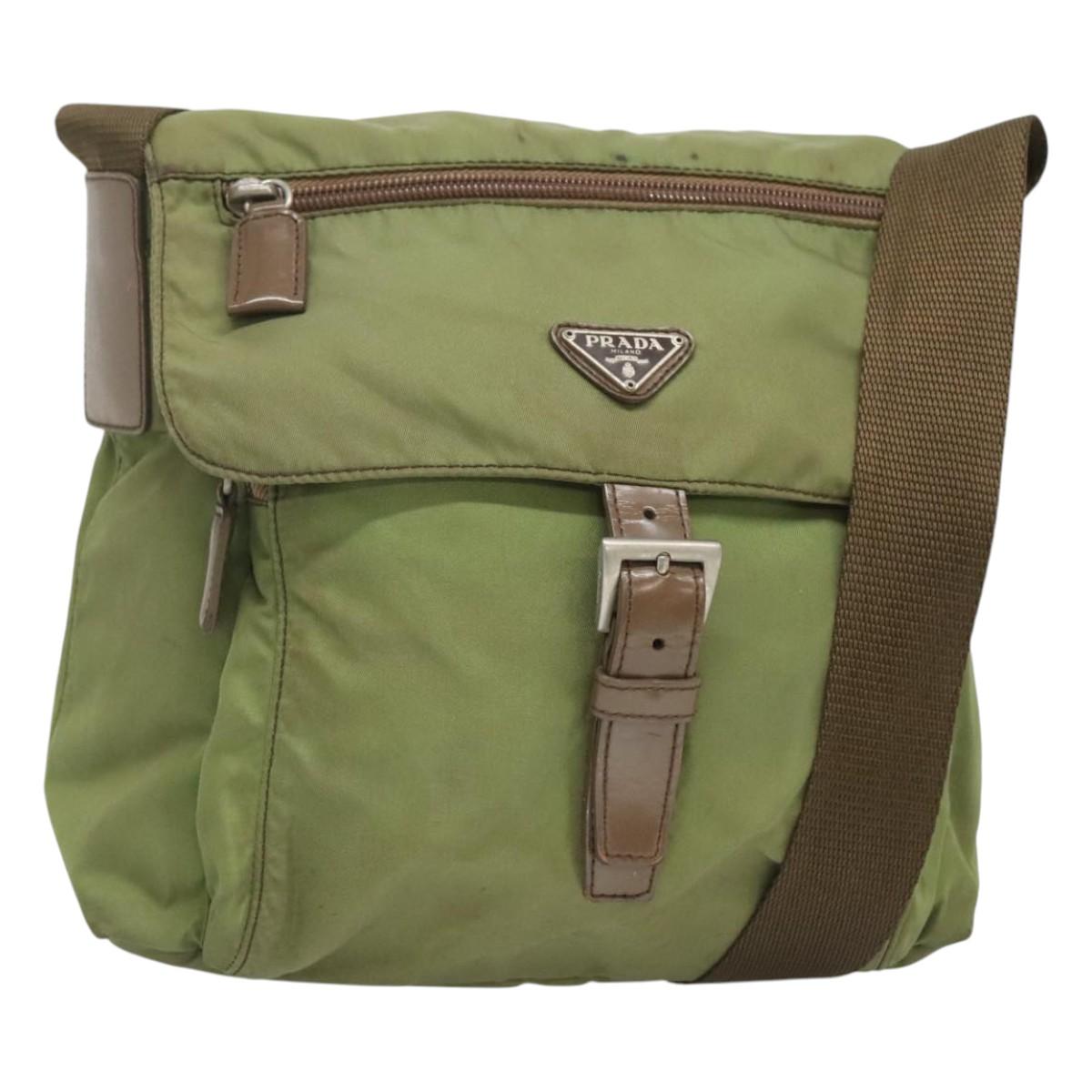 PRADA Shoulder Bag Nylon Khaki Silver Auth 118779