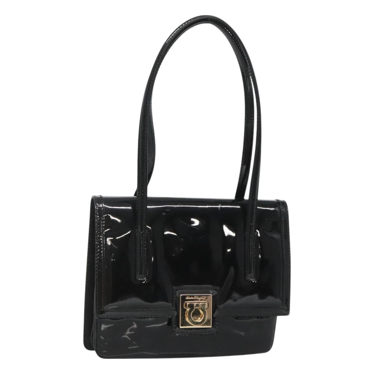 Salvatore Ferragamo Gancini Hand Bag Patent leather Black Gold Auth 118783