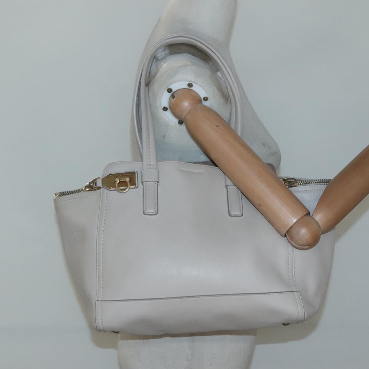 Salvatore Ferragamo Gancini Tote Bag Leather Beige Gold Auth 118784