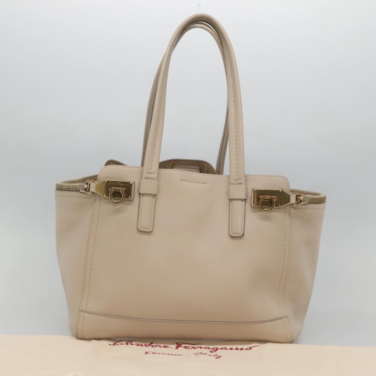 Salvatore Ferragamo Gancini Tote Bag Leather Beige Gold Auth 118784