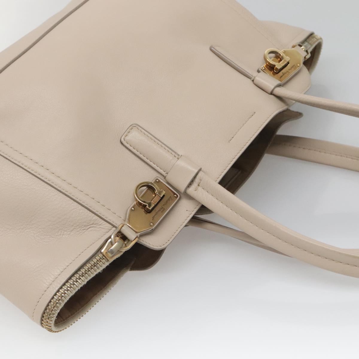 Salvatore Ferragamo Gancini Tote Bag Leather Beige Gold Auth 118784