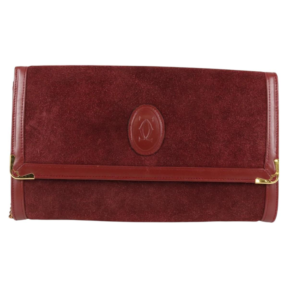 CARTIER Chain Shoulder Bag Suede Leather Red Gold Auth 118790V
