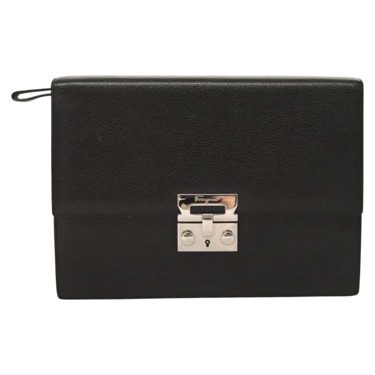 Salvatore Ferragamo Clutch Bag Leather Black Silver Auth 118801