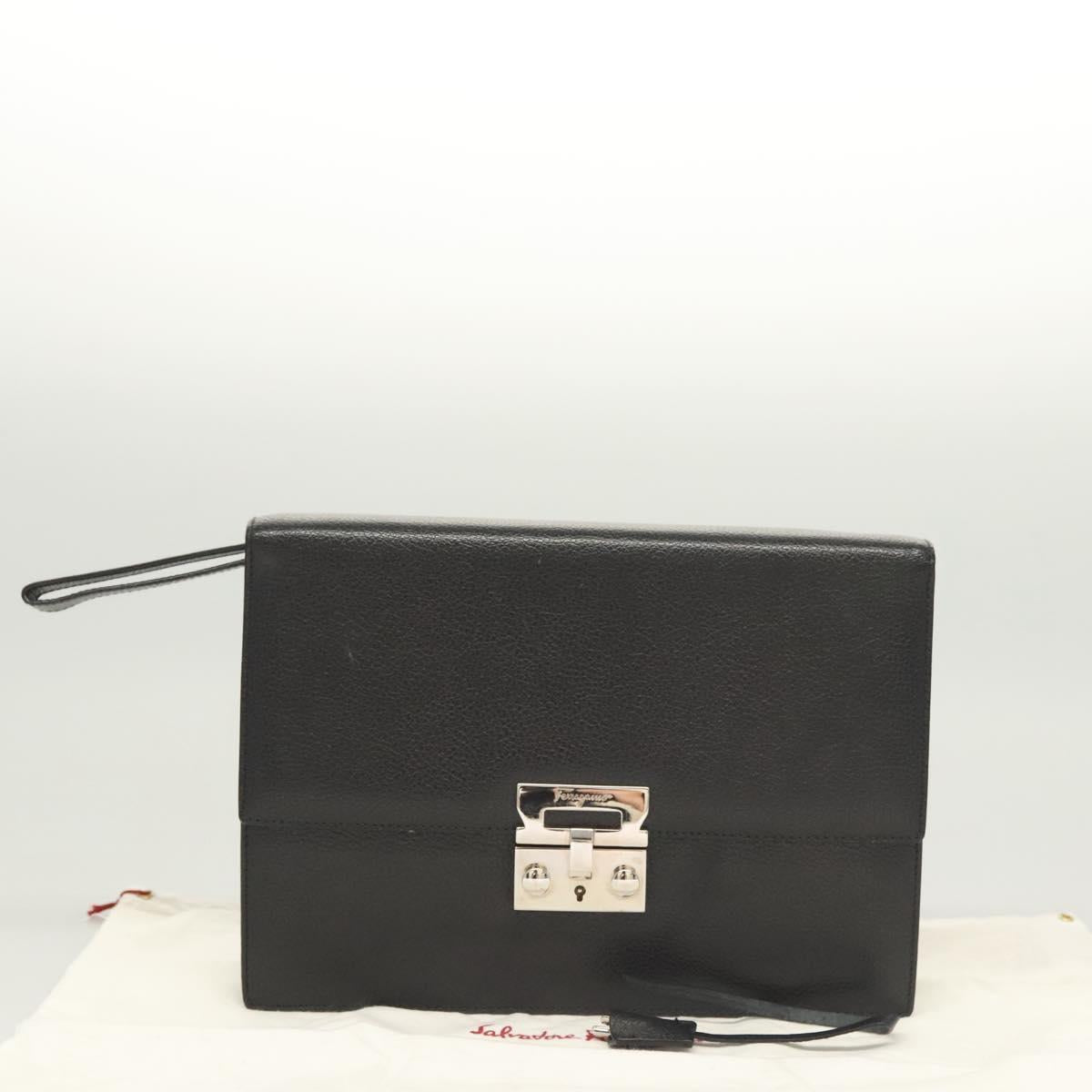 Salvatore Ferragamo Clutch Bag Leather Black Silver Auth 118801