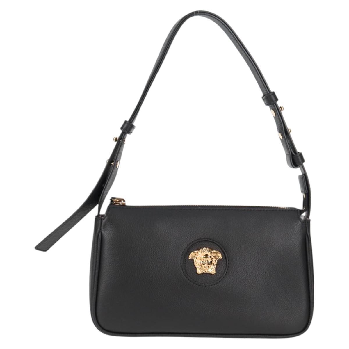 VERSACE Shoulder Bag Leather Black Gold Auth 118811V