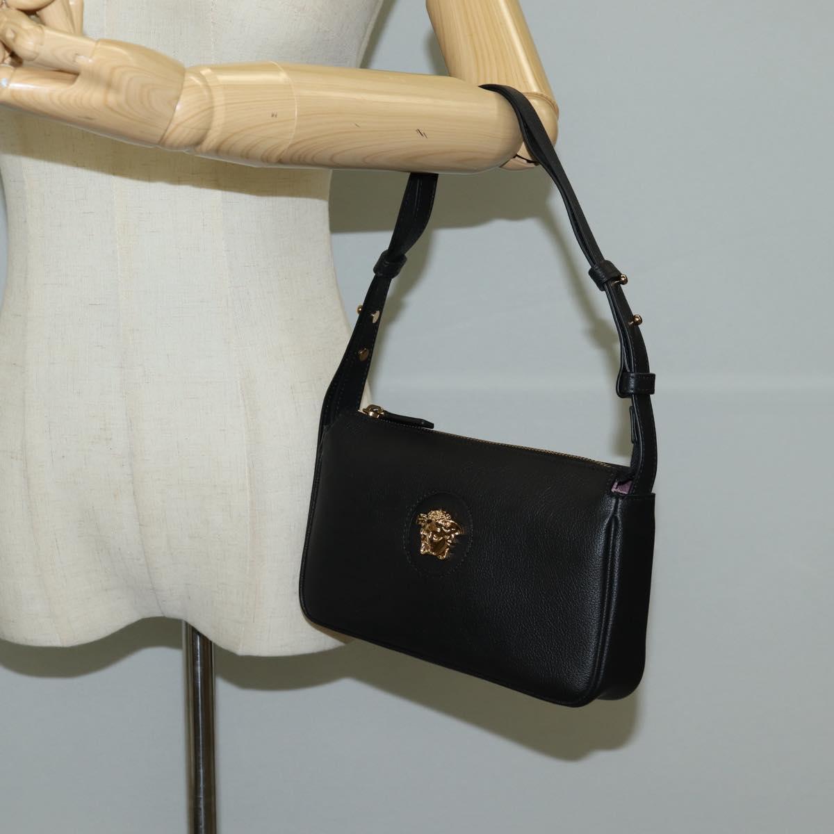VERSACE Shoulder Bag Leather Black Gold Auth 118819V