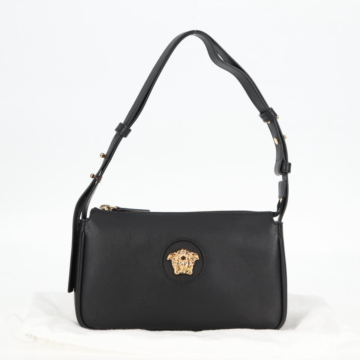 VERSACE Shoulder Bag Leather Black Gold Auth 118819V
