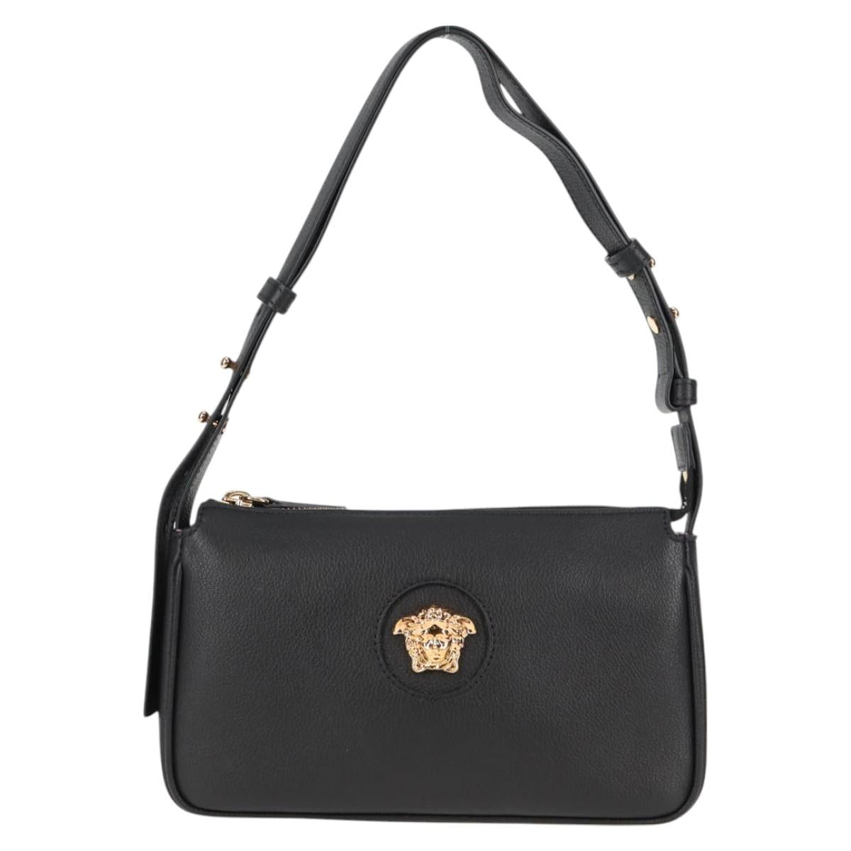 VERSACE Shoulder Bag Leather Black Gold Auth 118819V