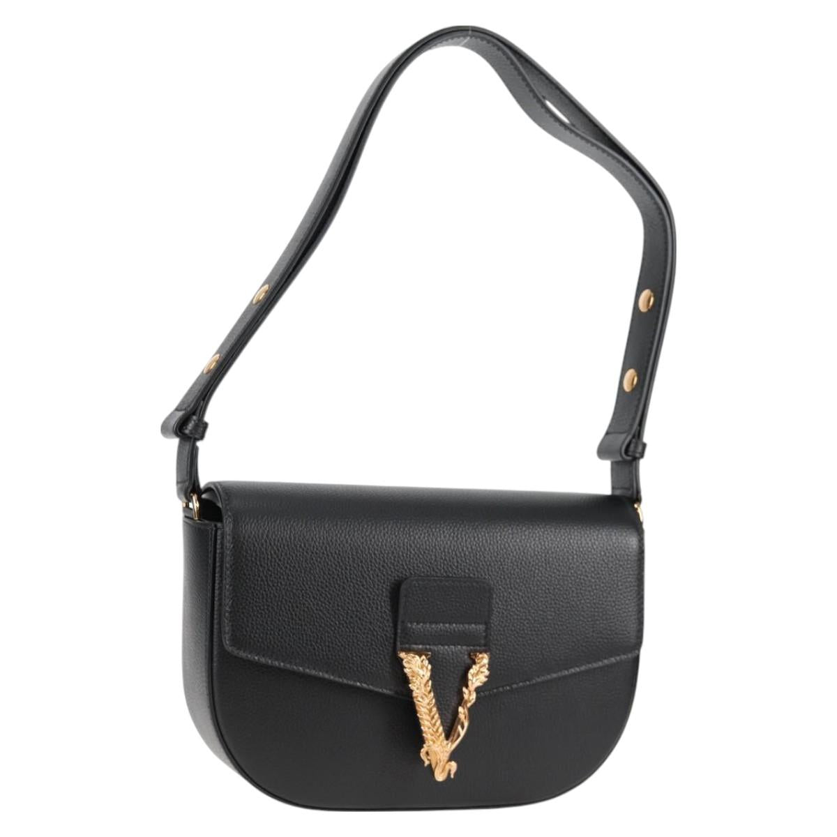 VERSACE Shoulder Bag Leather Black Gold Auth 118821V