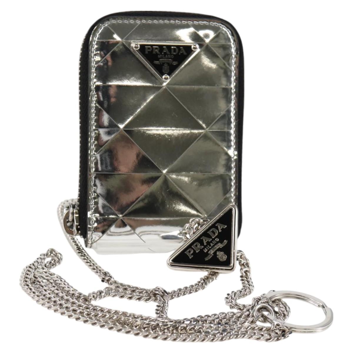 PRADA Necklace Strap Pouch Triangle Panel Silver Tone Auth 118871M