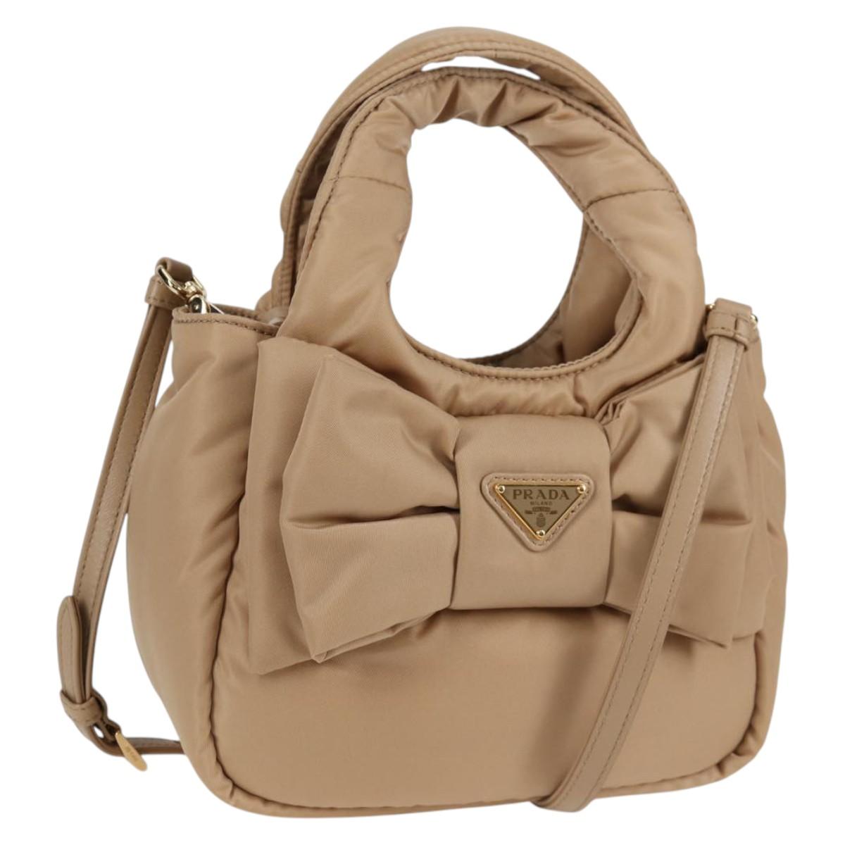 PRADA Hand Bag Nylon 2way Beige Gold Auth 118908SM