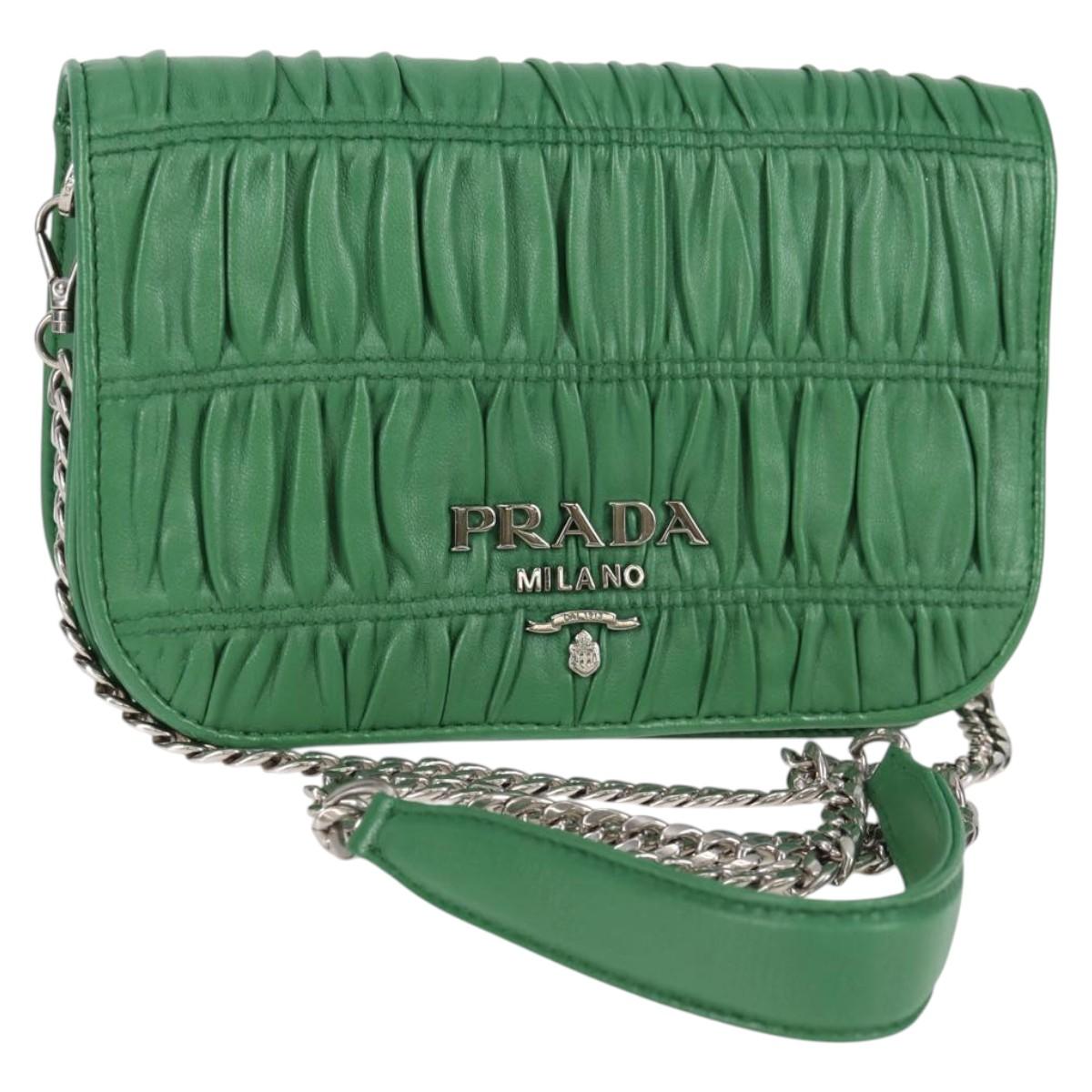 PRADA Chain Shoulder Bag Leather Green Silver Auth 118919M