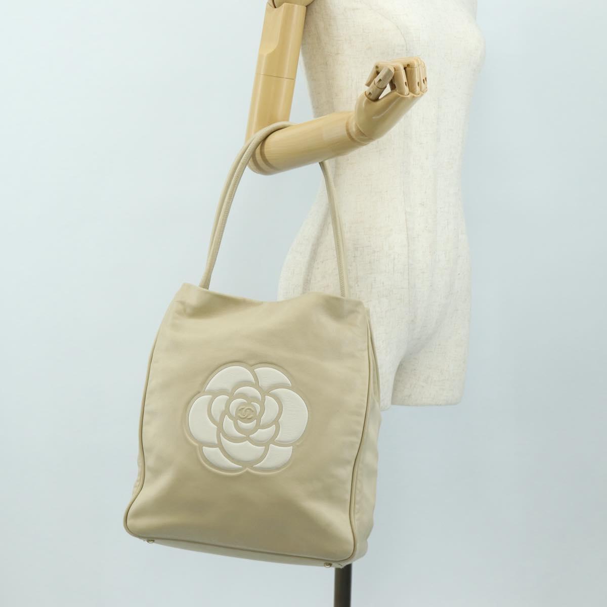 CHANEL Tote Bag Lamb Skin Beige Gold CC Auth 118935V