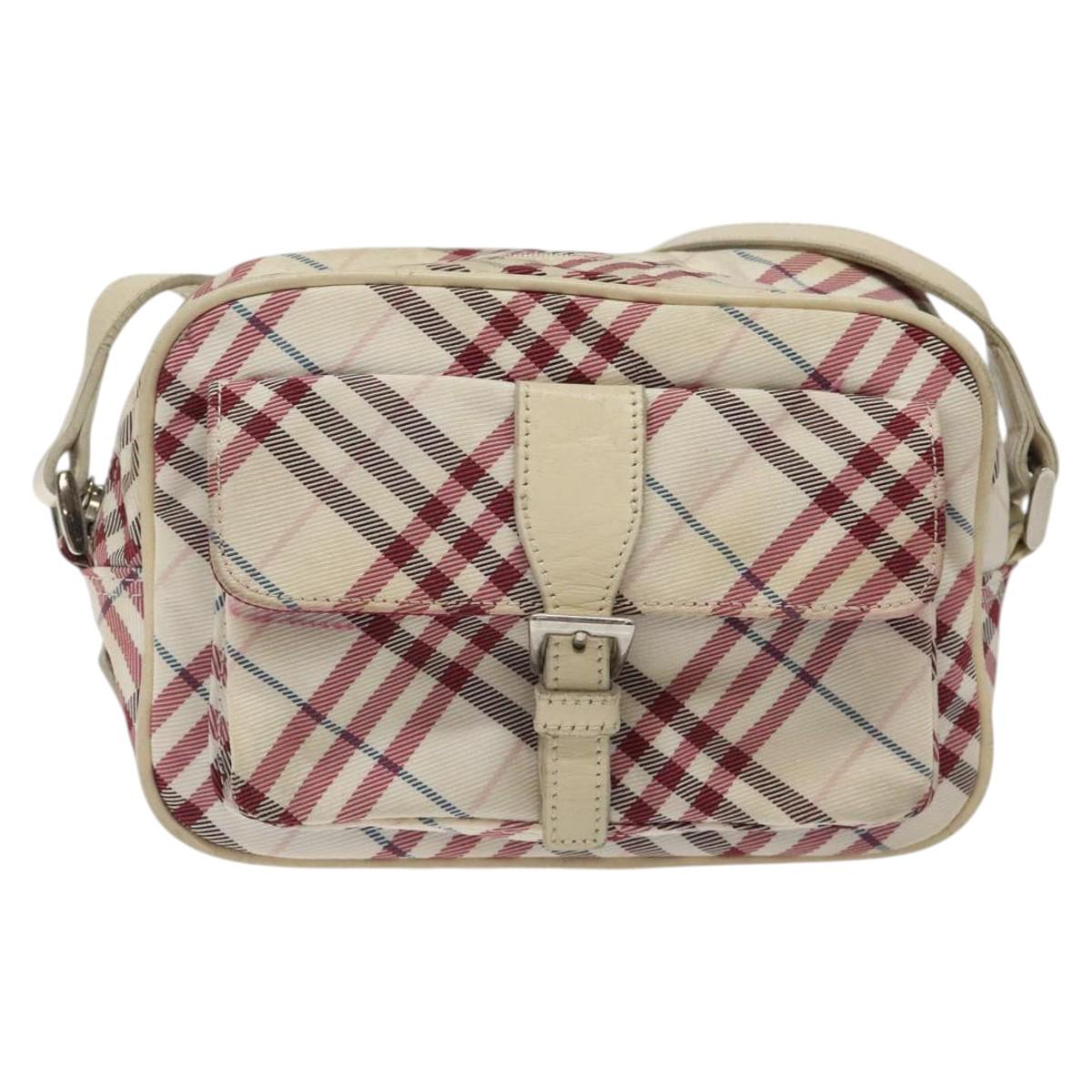 BURBERRY Nova Check Blue Label Shoulder Bag Nylon Beige Silver Auth 119011