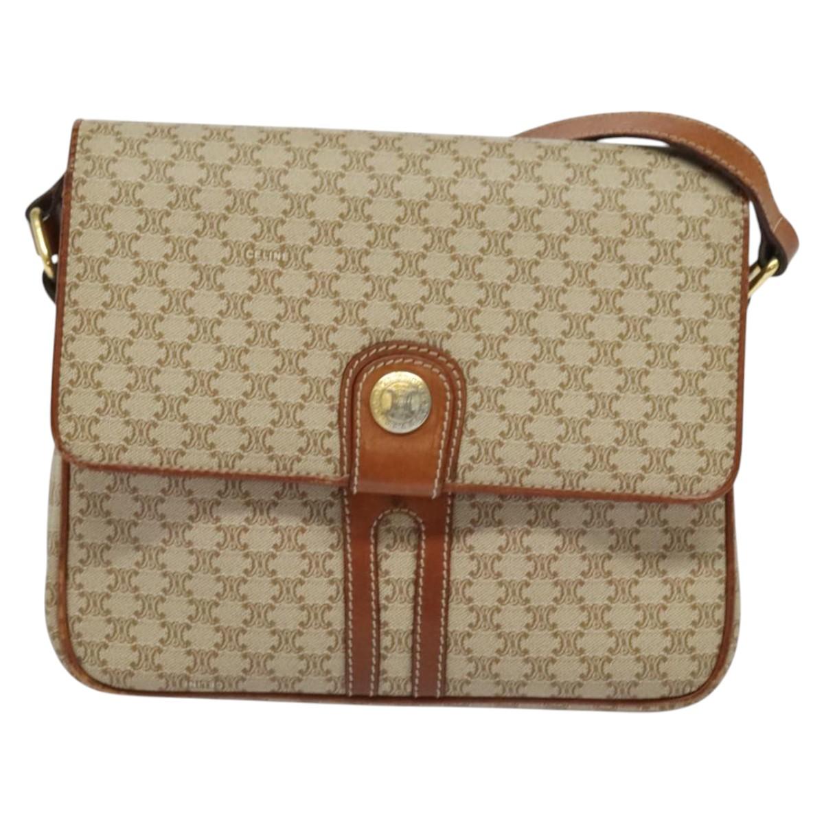 CELINE Macadam Canvas Shoulder Bag PVC Beige Gold Auth 119023