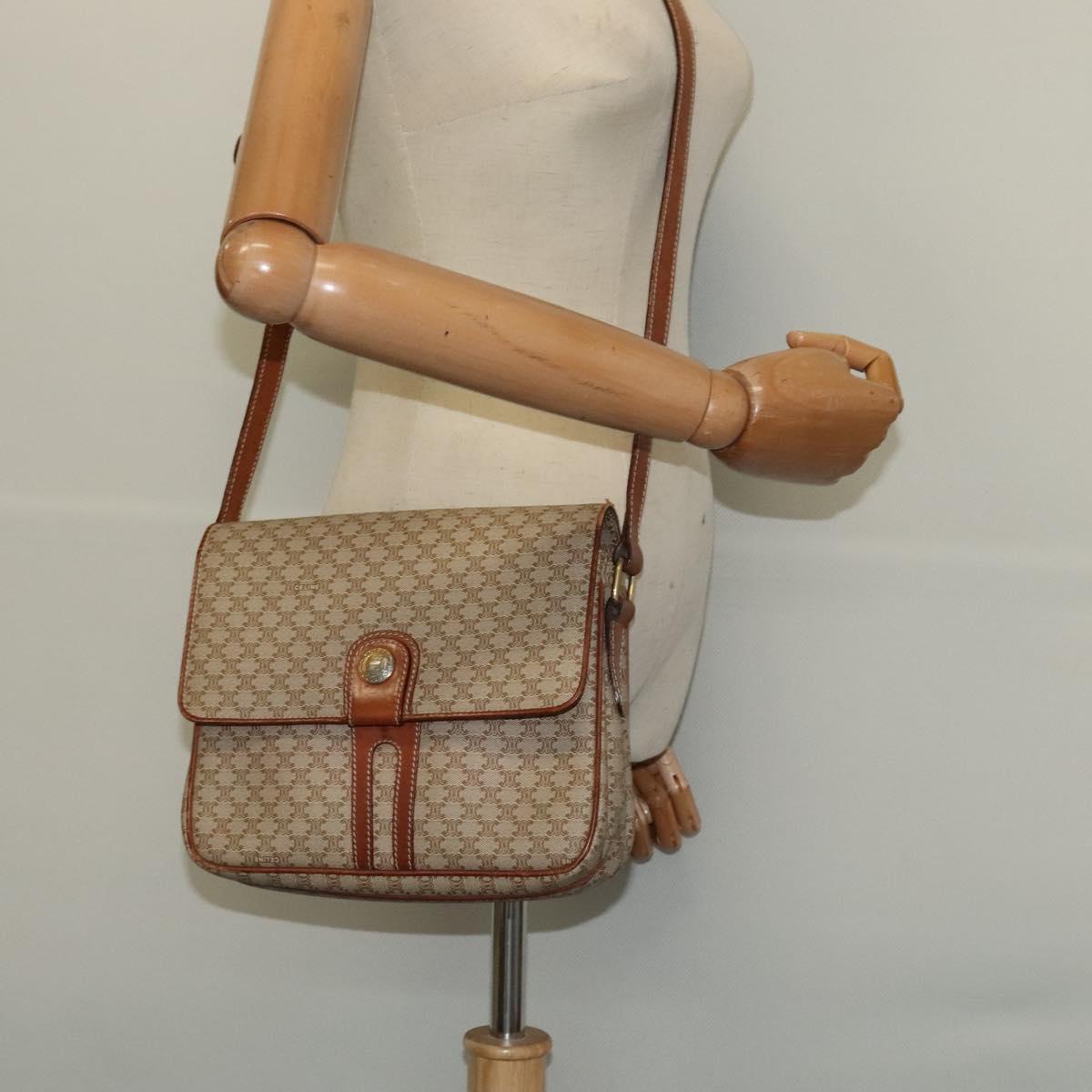 CELINE Macadam Canvas Shoulder Bag PVC Beige Gold Auth 119023