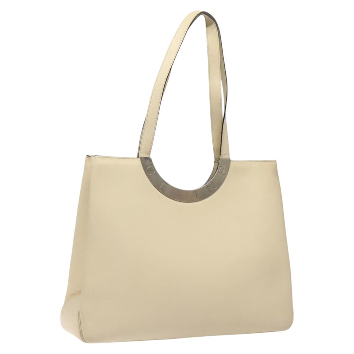CELINE Tote Bag Leather Beige Silver Auth 119026